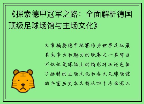《探索德甲冠军之路：全面解析德国顶级足球场馆与主场文化》