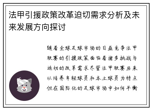 法甲引援政策改革迫切需求分析及未来发展方向探讨