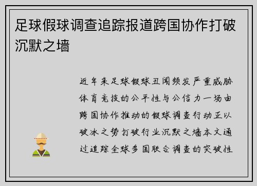 足球假球调查追踪报道跨国协作打破沉默之墙